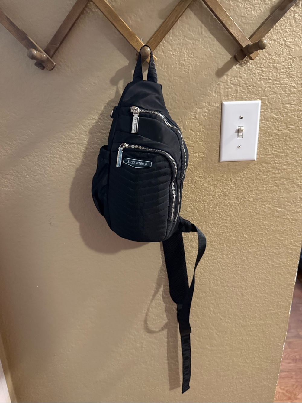 Steve Madden Black Quilted Sling Bag with Silver Zippers
